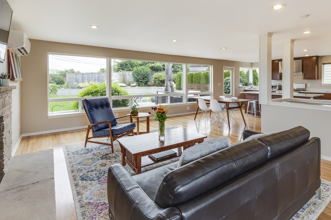 Bright living room with windows fitted with mesh